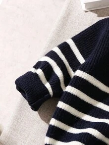 SHEIN Black & White Striped Stand Collar Zip-Up Casual Versatile Cardigan Chic Outfits For Autumn/Winter Toddler Boy Fall Clothes Boys Winter Clothes Boys Sweater Young Boy Clothes Young Boys Striped Sweater