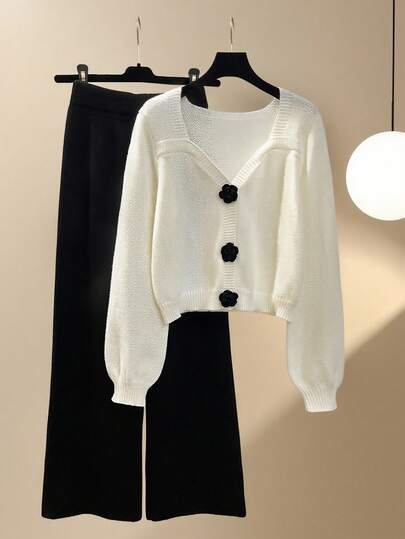 Franclia 2 件茶色套装，甜美短款方领针织毛衣和百搭阔腿针织裤套装，秋季