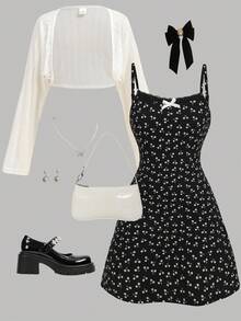 SHEIN Girlism 2 件套青少年女孩白色针织短款 T 恤和黑色花卉蝴蝶结吊带裙，休闲度假舒适，秋季