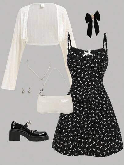 SHEIN Girlism 2 件套青少年女孩白色针织短款 T 恤和黑色花卉蝴蝶结吊带裙，休闲度假舒适，秋季