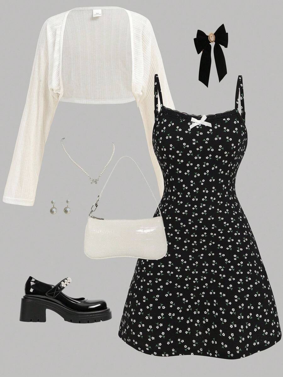 SHEIN Girlism 2 件套青少年女孩白色针织短款 T 恤和黑色花卉蝴蝶结吊带裙，休闲度假舒适，秋季