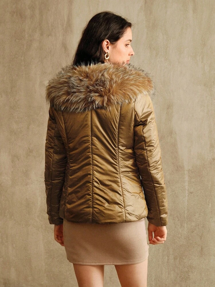 女性用 ショート丈 パデッドコート オーバーサイズ ファー襟付き、秋冬、お出かけ、エレガント、シック、フォーマル、新年にファッショナブル
