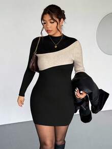 Firerie Robe longue à manches longues pour femmes grande taille, style color block élégant, romantique à la française, minimaliste, pour le travail et le quotidien. Robe col montant en tricot côtelé, robe bicolore, robe moulante pour femmes, pour l'automne/l'hiver