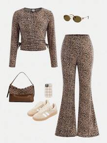 Tween 女童法式休闲豹纹针织圆领褶皱长袖修身针织上衣和喇叭裤套装，适合居家和户外、旅行装机场、时尚、酷炫街头风格、日常穿着、上学日常、休闲可爱、姐妹装、母女搭配、秋季、冬季。 - 卡其色 - 查看 2