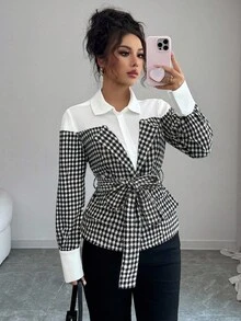 Elenzga Damen Lässig Pendler Vorderseite Knopf Karomuster Langarm Hemd, Herbst