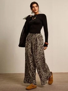 Freevana Plus Size Women Leopard Print Pleated Wide Leg Loose Casual Pants Fall Clothes Winter Clothes Ruffle Chic Casual Work Pants Wide Leg - Multicolor - View 6