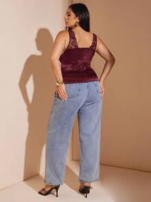 SHEIN BAE Plus Size Women Lace & Satin Splice Minimal Camisole, Suitable For Date Night, Friend Gathering, Birthday Party, Cocktail Party, Valentine's Day, Night Club, Holiday Party,Women's Solid Color Lace And Satin Camisole Tank Top, Suitable For Date Night, Girlfriends Gathering,School Clothes,Fall Clothes,Autumn,Y2k Clothes,Night Out/,