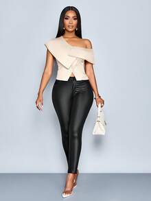 SOLERSUN Women's Spring Summer Elegant Old Money OfficeBusiness Casual Off Shoulder Asymmetrical Single-Breasted Blouse - Apricot - View 3