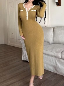 Modelyn Elegant Contrast Trim Metal Buckle Dry Leaf Yellow Women Sweater Dress, Suitable For Autumn And Winter - Mustard Yellow - View 3