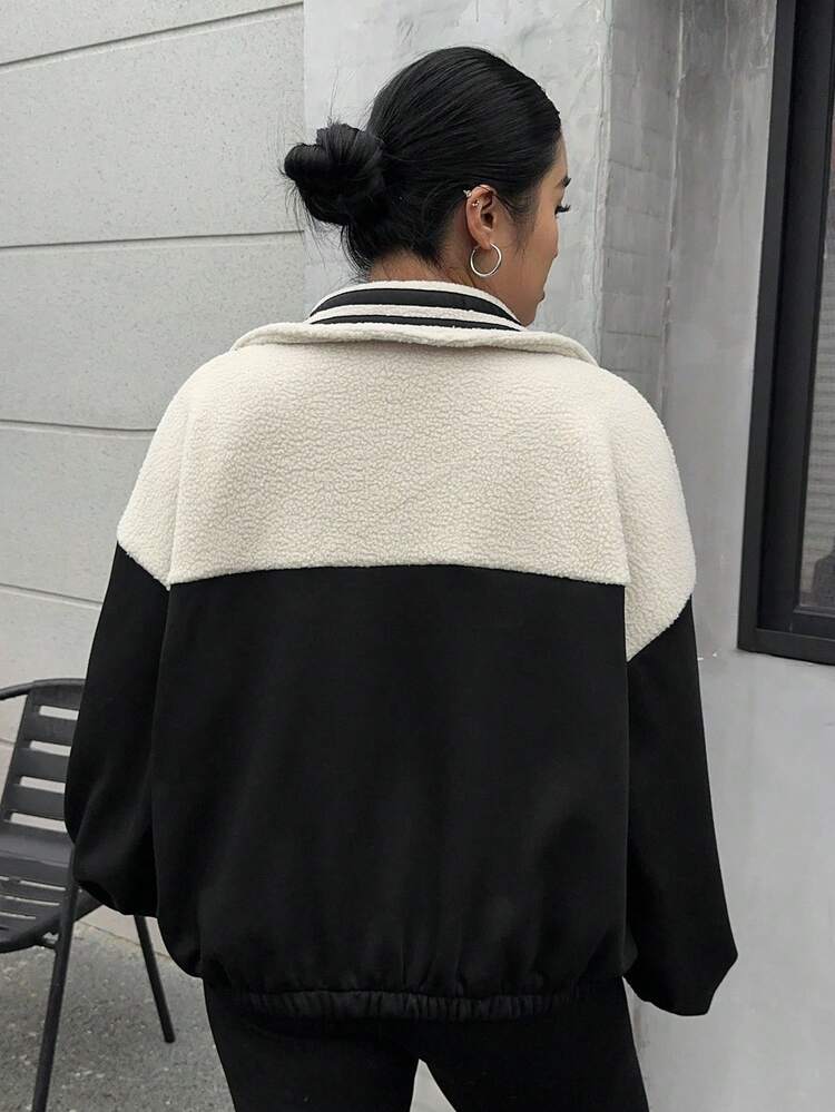 Dazy Plus Color Block Patchwork Loose Zip-Up Thick Sweatshirt, Plus Size Streetwear For Women, Autumn/Winter