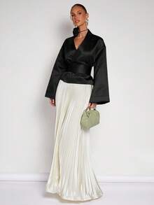 COSMINA 女士纯色落肩长袖收腰时尚衬衫，秋季优雅女士黑色上衣 - 黑色 - 查看 3