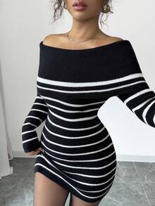 SHEIN Clasi 1 件女士黑白条纹露肩修身毛衣裙 - 黑與白 - 查看 1