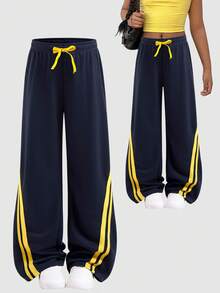 SHEIN Sparklyn Tween Girls' Casual Contrast Striped Drawstring Sweatpants Fall Winter - Navy Blue - View 1