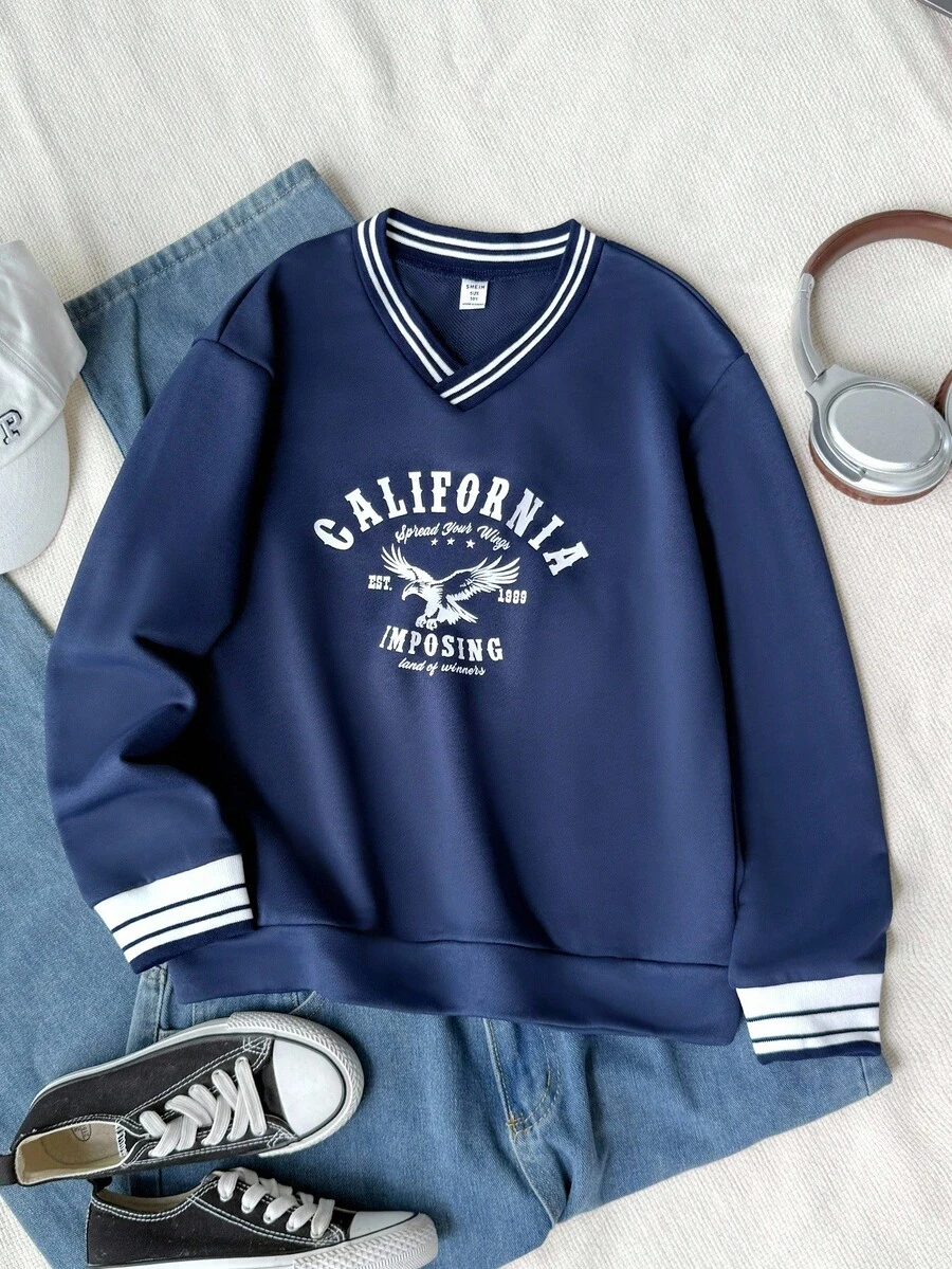 SHEIN Tween Girl 简约字母印花拼色长袖运动衫、休闲装 - 寶藍色 - 查看 1