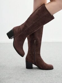 CUCCOO BIZCHIC Women's New Fashion Commuter Casual Lace-Up Buckle Thick Heel British Rider Motorcycle Mid-Calf Boots - Brown - View 4