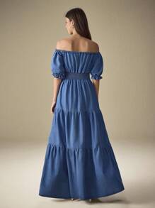 Selenza Robe longue en jean avec manches bouffantes courtes et épaules dénudées, taille froncée - Bleu azur - Voir 2