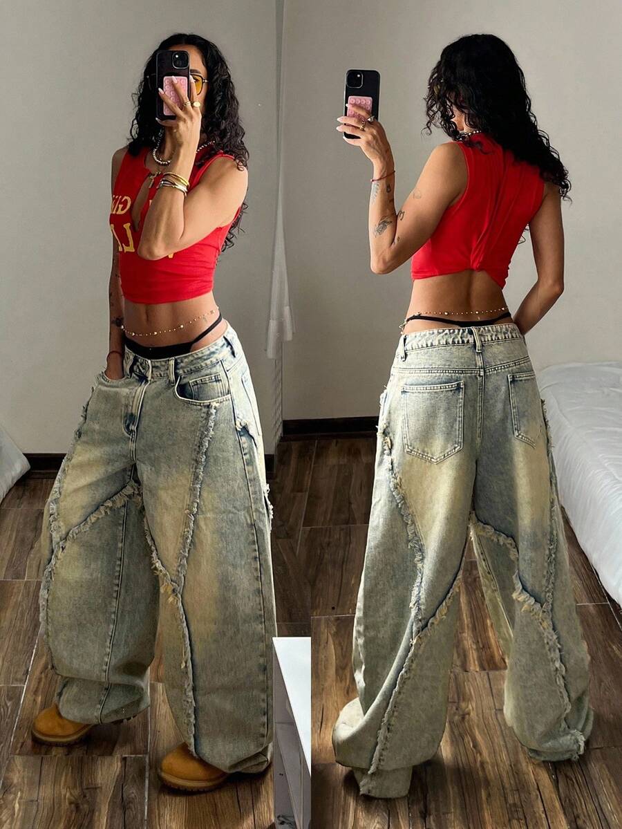 SHEIN PETITE Women's Pocket Frayed Hem Wide Leg Loose Casual Versatile Denim Jeans - Light Wash - View 1