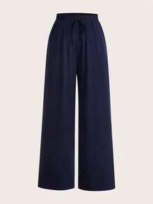 SHEIN EZwear Bộ 2 quần ống rộng màu trơn cỡ lớn cho nữ Bộ quần dài 2 món cho nữ Bộ quần dài hai chiếc - Màu xanh hải quân - Xem 4
