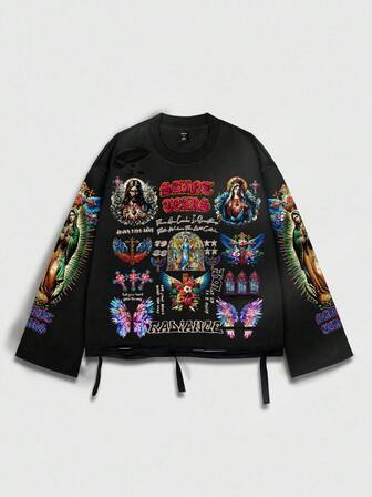 Street Life Maglietta vintage da uomo a girocollo con maniche lunghe e grafica Saint in stile urban consumato