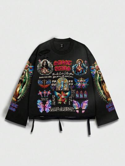 Street Life T-shirt à col ras-du-cou à manches longues pour hommes, style vintage de rue, avec graphique Saint délavé