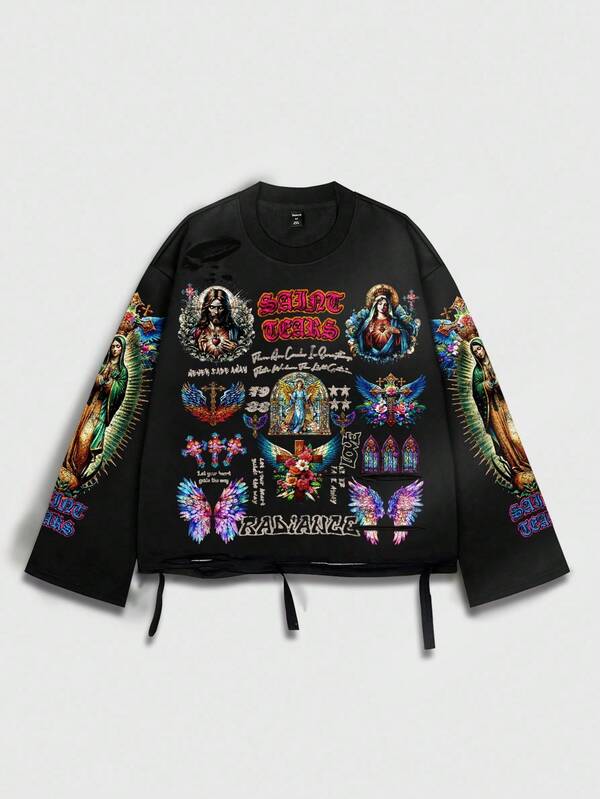 ROMWE MEN Street Life Vintage Street Style Distressed Saint Graphic Long Sleeve Crew Neck Men's T-Shirt, Fall