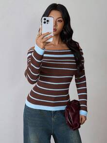 Islaluna Women's Elegant Fashion Simple Versatile Turtleneck Sweater, Fitted Ribbed Colorblock Design, Autumn Striped Off The Shoulder Sweater Off The Shoulder Brown Sweater Brown And Blue Striped Top Off Shoulder Sweater Women Brown Striped Top Fall Winter Cloth For Women