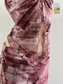 Soleia Spring/Summer Vacation Elegant New Strapless Sleeveless Printed Mesh Top & Pleated Skirt 2 Pieces Set - Multicolor - View 8