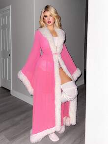 Sweetina Women's Blue Chiffon & Mesh Patchwork Faux Fur Collar Sheer Robe Sleepwear Sexy Faux Fur Jacket In Fall/Winter