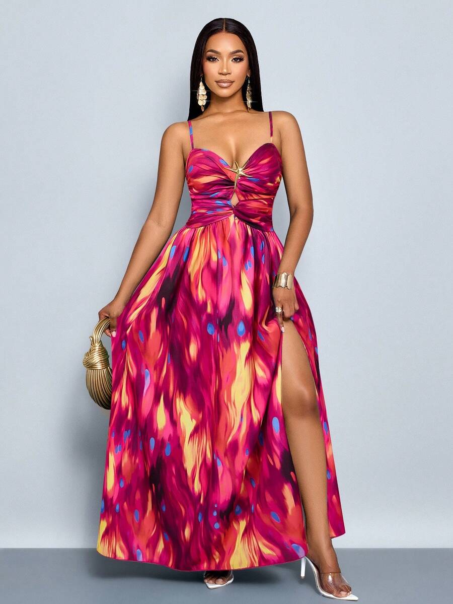 SOLERSUN 性感热带印花镂空高开叉金色海星装饰露背度假吊带沙滩裙（随机花朵） - 玫紅色 - 查看 1