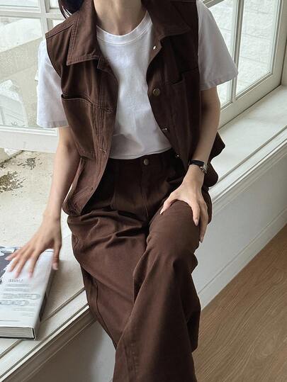 DAZY Women's Denim Vest With Collar & Loose Straight Leg Jeans 2 Pieces Casual Denim Set