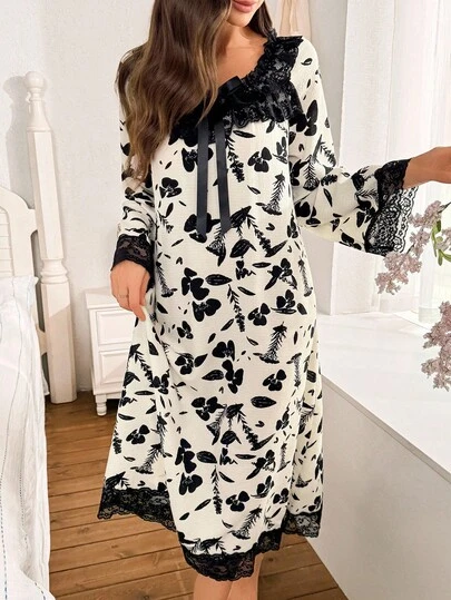 Serenescape PalaceNights 花卉印花蕾丝拼布方领蝴蝶结装饰喇叭袖宽松中长款女式睡袍，秋季