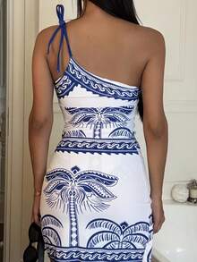 Ronhire 2025 时尚 2 件套女式分体泳衣套装 - 蓝色椰子树印花单肩泳衣配系带腰裙 / 优雅女士泳装 / 度假海滩装 / 泳池派对装 - 彩色 - 查看 2