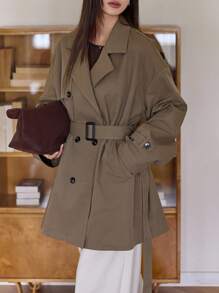 DAZY Women's Lapel Short Belted Loose Casual Trench Coat Jacket Fall/Winter - Khaki - View 1