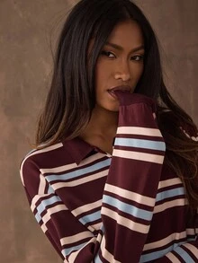 SHEIN BAE Áo thun dài tay kẻ sọc phối màu phong cách thường ngày dành cho nữ, thích hợp cho mùa thu và đông, màu nâu cà phê tương phản, kiểu áo thường ngày, áo đi chơi, trang phục mùa thu cho nữ, phong cách mùa thu năm 2025: Áo thun nữ, áo thun dáng rộng, phong cách cổ điển. - Nhiều màu - Xem 6