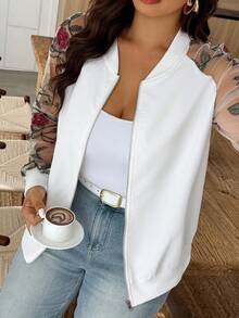 Weeklong Chaqueta con cremallera de talla grande, panel de malla y bordado floral - Blanco - Ver 7