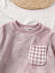 SHEIN Genkimix Kids 2件套女童毛绒格子长袖上衣和裤子休闲舒适柔软睡衣套装