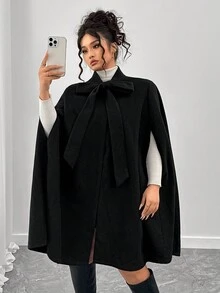 Elenzga 大码优雅蝴蝶结领斗篷 - 黑色 - 查看 5