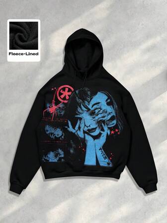 Anime Sudadera con capucha casual para hombres con diseño impreso gráfico y forro térmico
