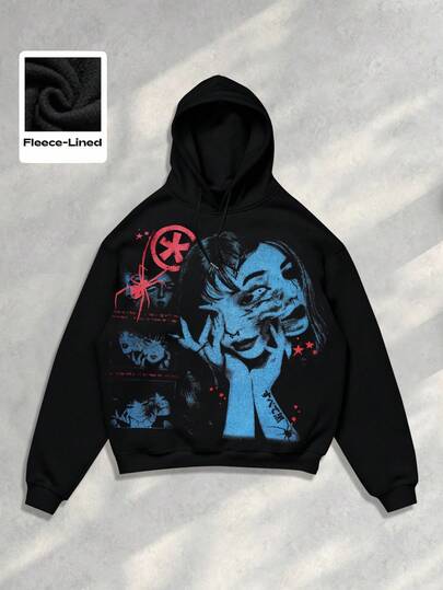 Anime Men's Casual Fleece Lined Hoodie With Graphic Printed Design
