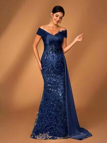 Serin Đầm dạ hội sang trọng, thanh lịch, hở vai, thêu sequin, phối ren và satin, xếp ly, dáng đuôi cá, xẻ tà bên, thích hợp cho đám cưới, tiệc tùng, kỳ nghỉ, dạ hội, váy dạ tiệc, mẹ cô dâu, ngày Valentine. - Màu xanh hải quân - Xem 6
