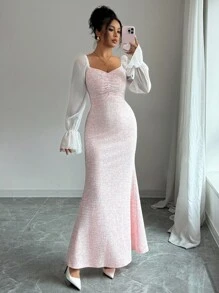 Elenzga 纹理粉色褶饰色块雪纺泡泡袖蝴蝶结，针织法式优雅通勤长喇叭袖，束腰美人鱼下摆，复古连衣裙 - 粉色 - 查看 6