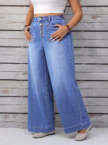 EMERY ROSE Plus Size Women High Waist Wide Leg Jeans With Buttons And Pockets Casual Street Patchwork Pocket Loose Wide Leg Jeans Women Jeans Baggy Loose Jeans,Fall Clothes For Women - Medium Wash - View 9