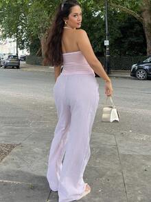 NegzBox Casual Loose Straight Pants For Women, Striped Tie Waist Linen Trousers For Home And Daily Wear, School - Pink - View 2