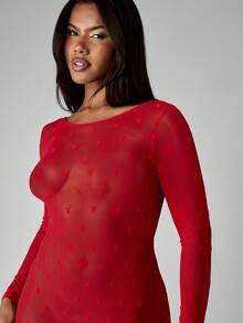 Missguided x Playboy Christmas Party Mini Dress Sheer Long Sleeve Bodycon Dress Holiday Clubwear Transparent Mesh Dress Backless Evening Night Out Allover Print Red Dress - Cherry Red - View 5