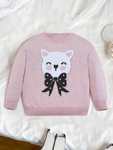 SHEIN 女童提花圆领长袖套头毛衣，秋冬季百搭单品 - 粉色 - 查看 1