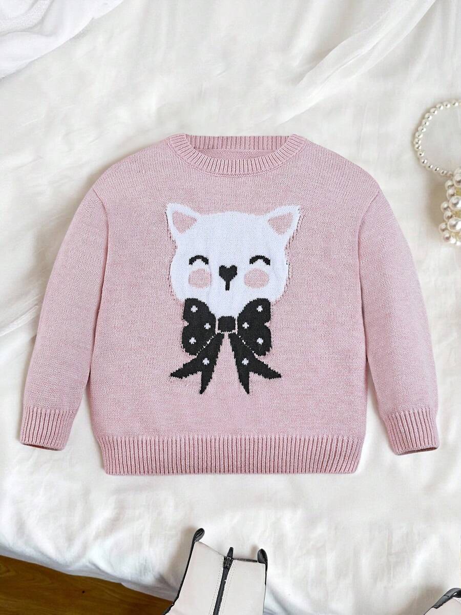 SHEIN 女童提花圆领长袖套头毛衣,秋冬季百搭单品 - 粉色 - 查看 1