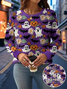 EMERY ROSE Sweat-shirt-shirt à manches raglan avec imprimé graphique de fantôme violet, citrouille et chauve-souris, grande taille - Multicolore - Voir 1