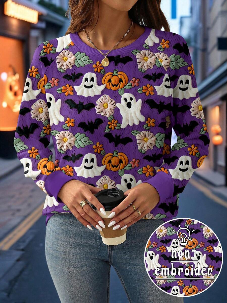 EMERY ROSE Sweat-shirt-shirt à manches raglan avec imprimé graphique de fantôme violet, citrouille et chauve-souris, grande taille - Multicolore - Voir 1