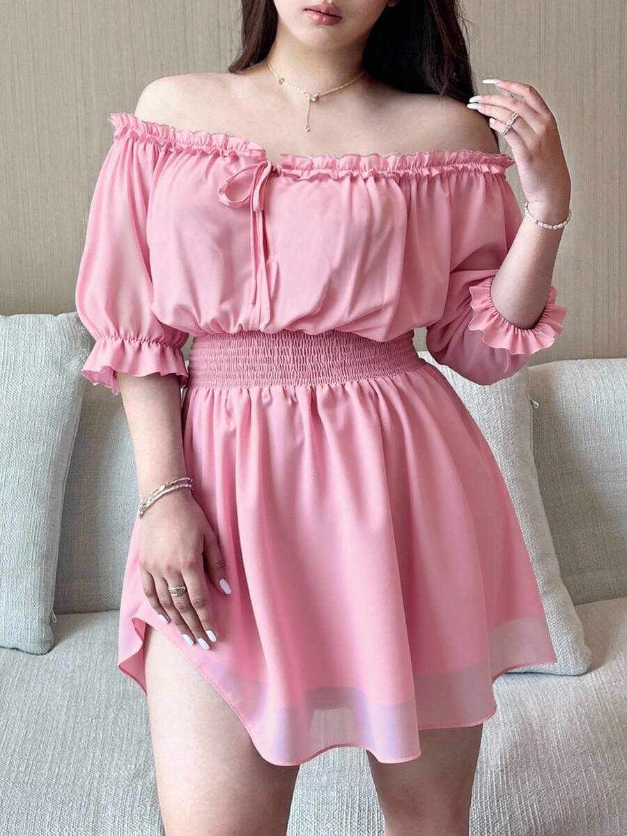 Flirla Vestido de manga abullonada con cuello en V, cintura con lazo y volantes, hasta la rodilla, talla grande. Elegante, vintage y lindo para vacaciones, citas y fiestas