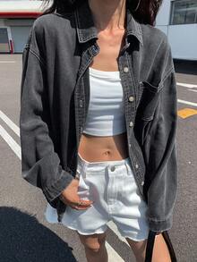 DAZY 浅色水洗牛仔衬衫，有领，有口袋，宽松长袖，春夏秋 - 深灰色 - 查看 8